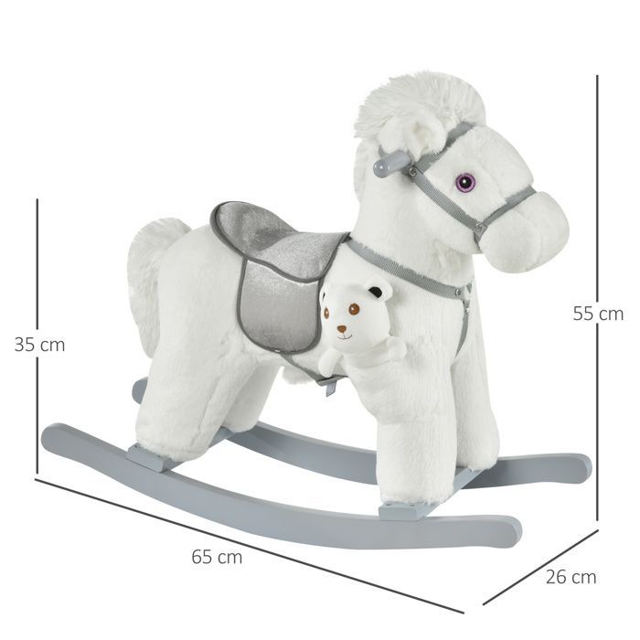 Caballito balancín para bebés de 18 a 36 meses - HOMCOM - con efectos de sonido - osito de peluche de regalo - de madera - 65 x 26 x 55 cm - blanco