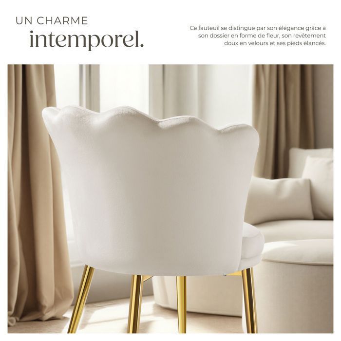 Stoel - TECTAKE - STELLA gestoffeerde bureaustoel met bloemvormige rugleuning en fluwelen bekleding, 67 x 64 x 76 cm - Crème/Goud