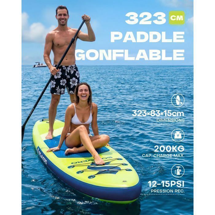 EcoFurnix-Planche de Stand Up paddle Gonflable de 323 cm-SUP-Jusqu'à 200 kg-Pont antidérapant-Animaux acceptés-Vert Citron