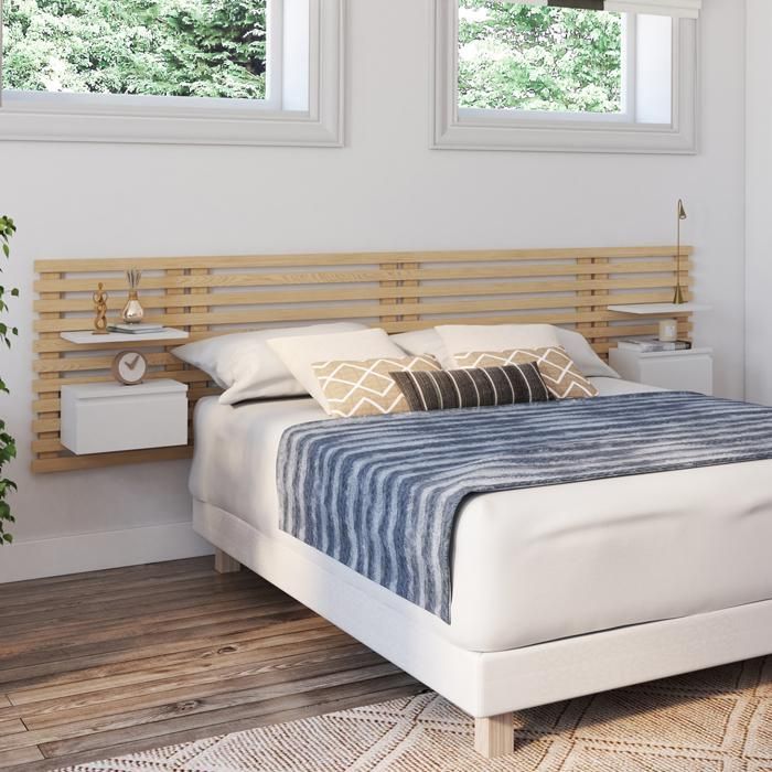 IDMARKET Tête de lit suspendue en lattes AVA 240 cm avec chevets + tiroir façon bois clair et blanc