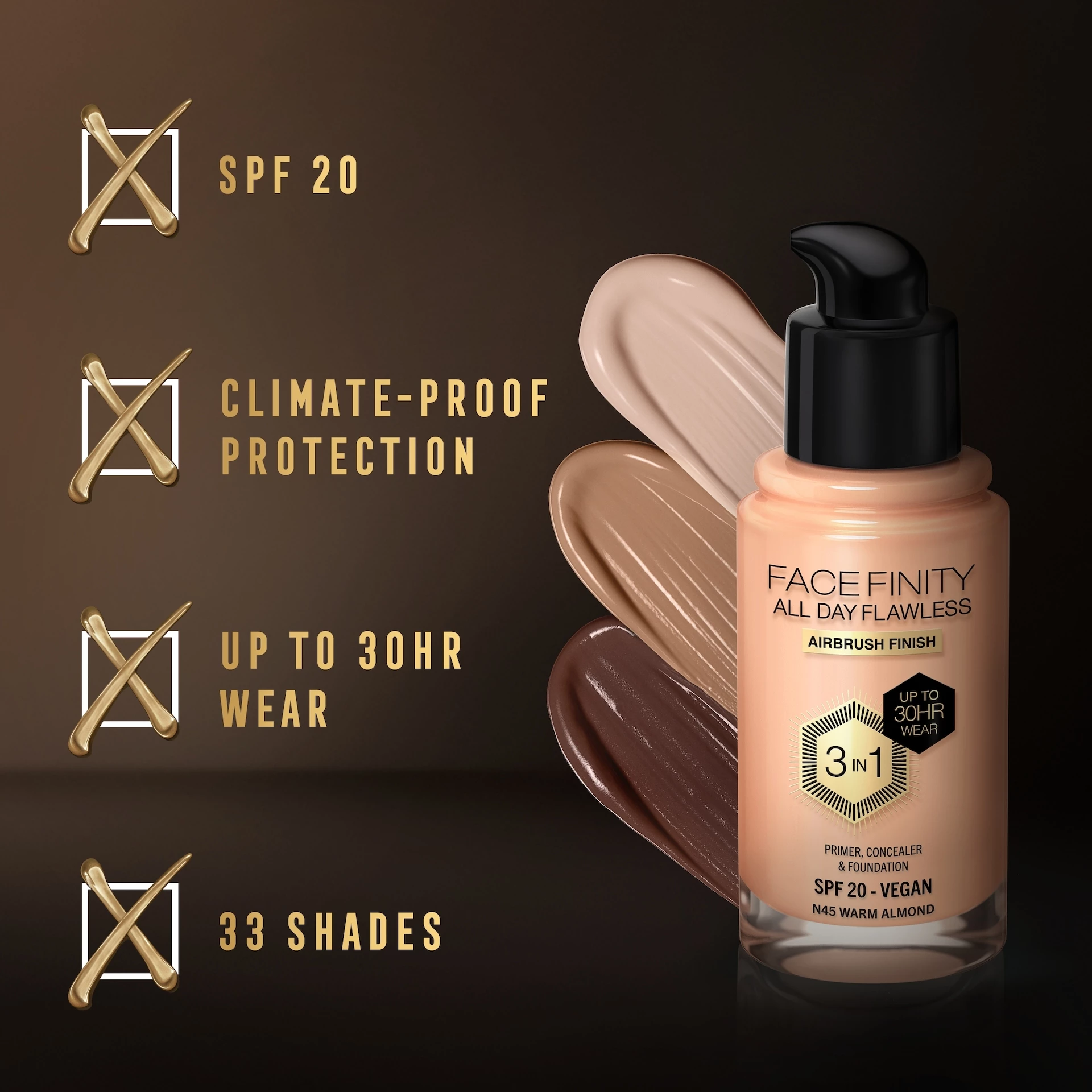 Facefinity All Day Flawless 3 az 1-ben alapozó 45 Meleg mandula - Max Factor