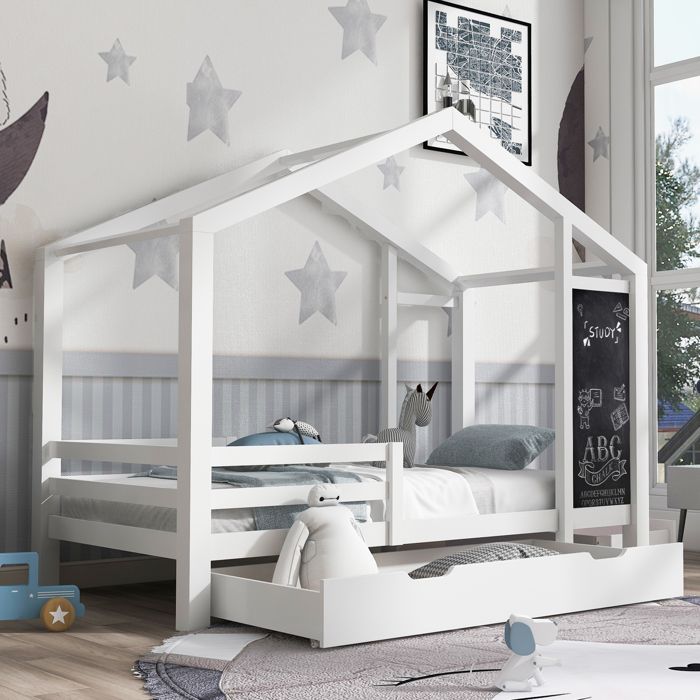 Letto a castello per bambini 90x200cm - MODERNLUXE - Bianco - Con lavagna e 2 cassetti