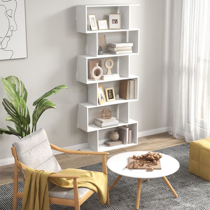 Boekenplank - HOMCOM - Moderne zigzagplank met 6 planken voor opbergruimte in de woonkamer of op kantoor - hout - 80x23x192cm - wit