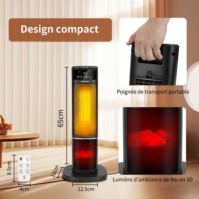 Chauffage d'appoint, 2000W, Céramique PTC, Minuterie 12h,Ultra Silencieux, Affichage LED, 5 Mode,ECO,Télécommande, Oscillation à 60°