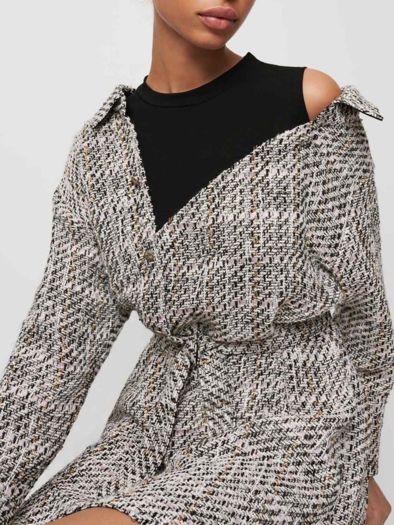 Rochie cămașă în stil tweed trompe l'oeil - Roz deschis