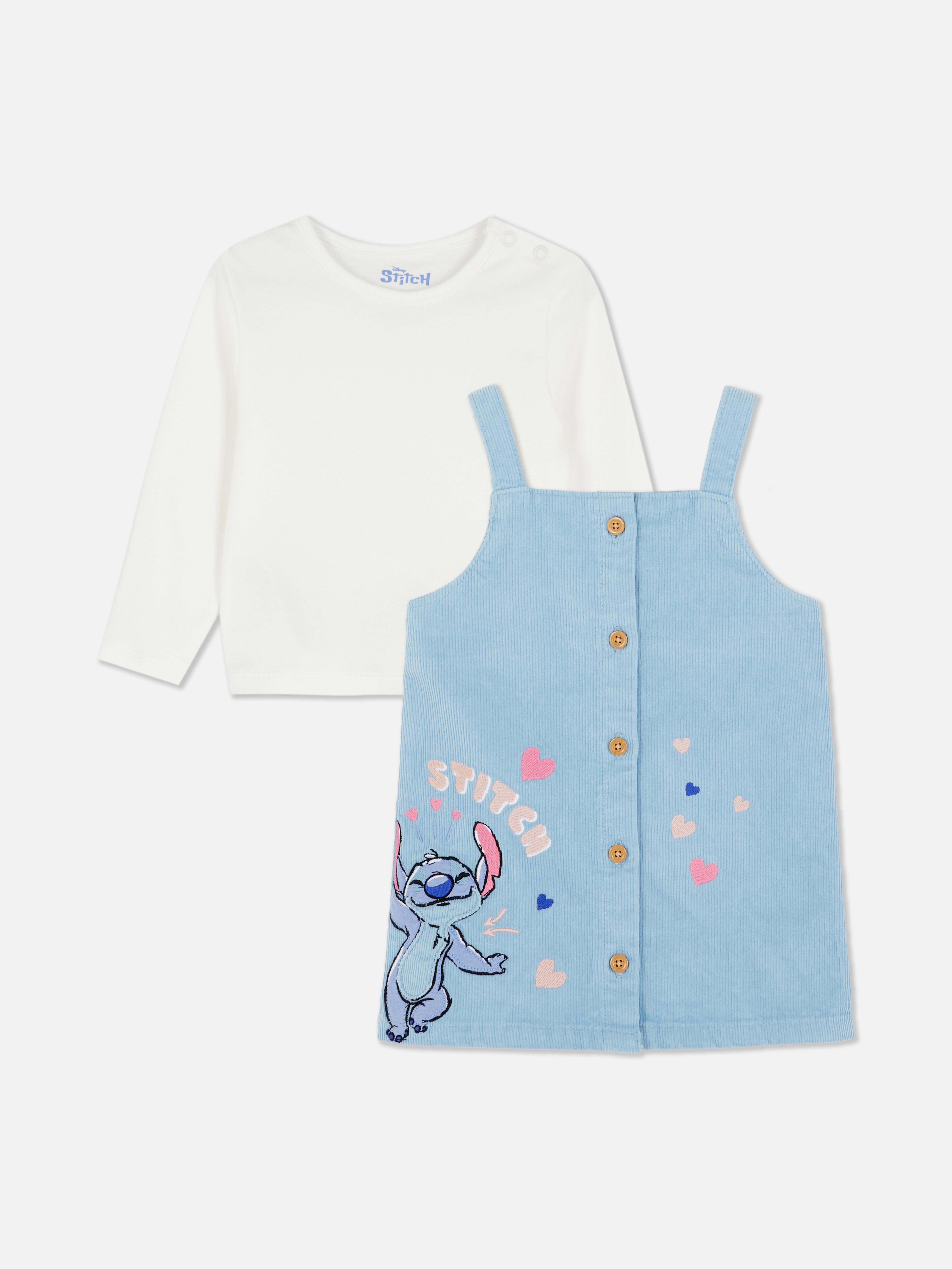 Completo composto da t-shirt e grembiule in velluto a coste di Stitch della Disney. Una t-shirt a maniche lunghe e un grembiule con il tema di Stitch della Disney.