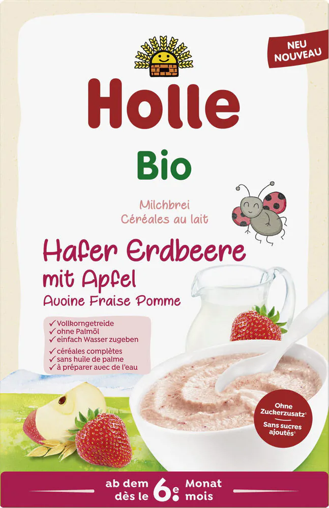Holle Bio Kaszka mleczna pełnoziarnista, owsiana truskawkowo-jabłkowa od 6 m-ca życia