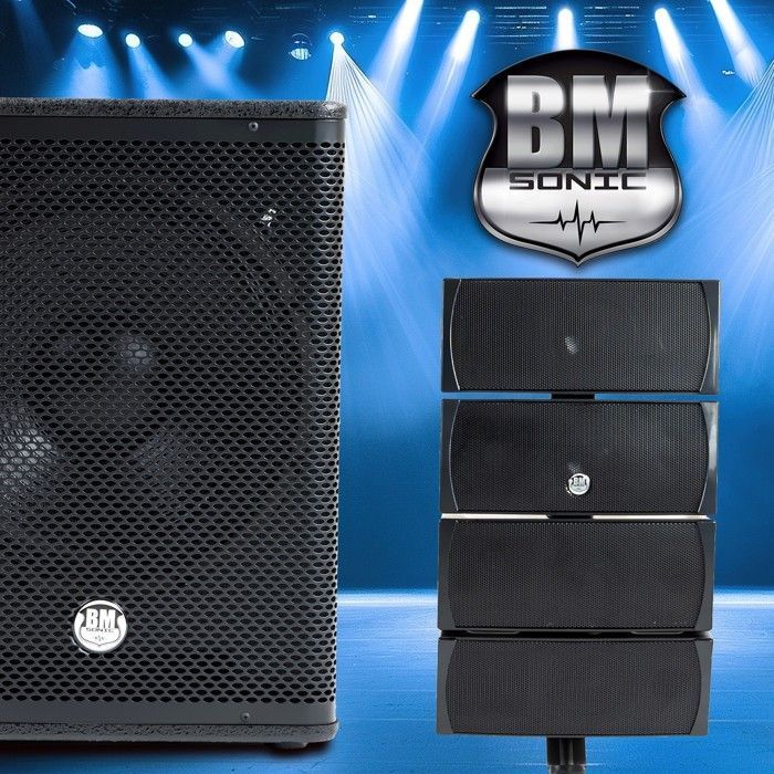 Kit audio completo per DJ BM SONIC BMS-15-SLIM-BT, subwoofer USB/Bluetooth da 38 cm da 1200 W, supporti per cavi + chiavetta USB da 32 GB.