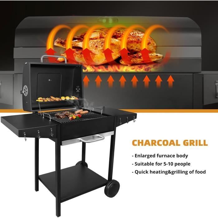 Barbecue à Charbon - SunJas - BBQ de Bois de Jardin Mobile avec 2 Etagères et Thermomètre (117 * 55 * 102CM)