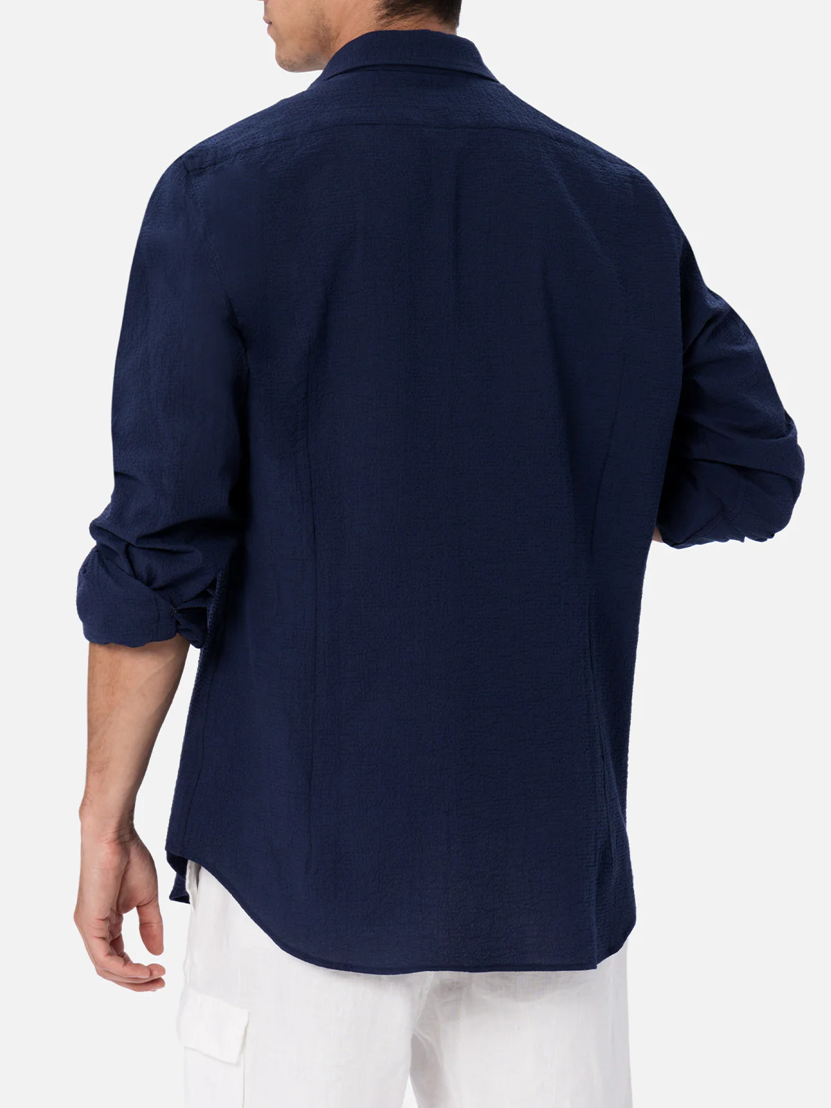 Herrenhemd aus Pamplona-blauem Seersucker-Baumwollstoff