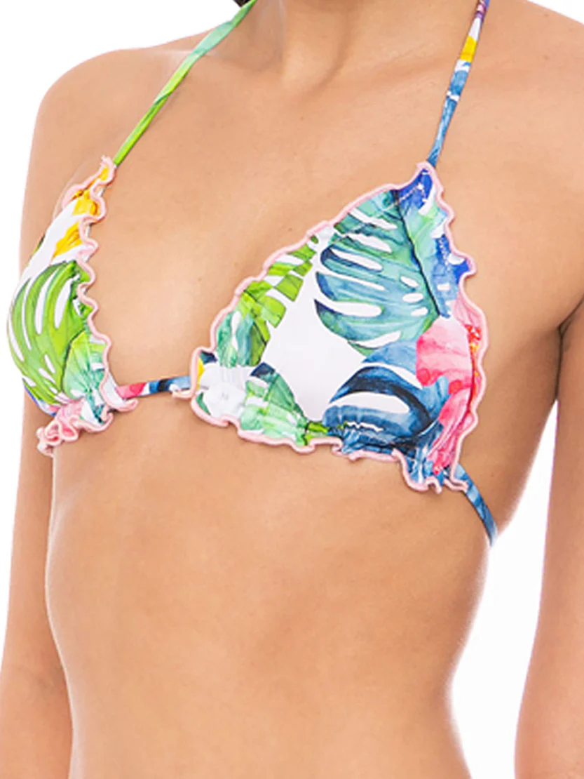 Damesbadpak met driehoekige top en tropische print