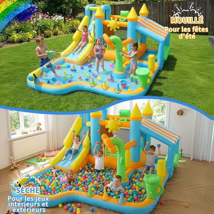Inflatable Play Area - LALAHO - Inflatable Castle with 450W Blower for Children, Playhouse, Slide, Decorative Flowers