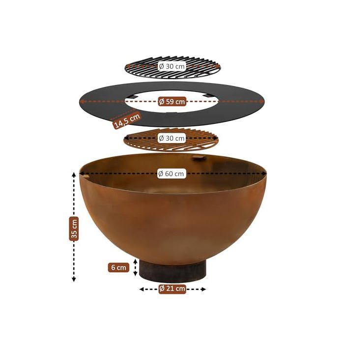 Brasero avec barbecue - BBQ-Toro - Ø 60 cm - Aspect rouille - Acier allié