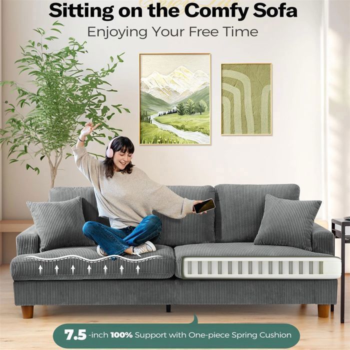 Large 3-Seater Sofa in Grey Corduroy, Scandinavian Style Sofa with 3 Cushions and 2 Pillows for the Living Room, 220×76×84cm