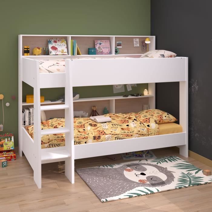 Literas infantiles PARISOT 2 x 90x200 cm - Acabado en roble y blanco sombra - Bases de somier incluidas - JIM