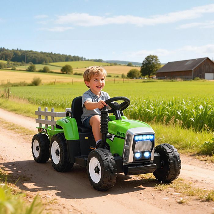 Electric Tractor - HOMCOM - with detachable trailer - with remote control, MP3 music player, display, and lights - for children aged 3-6 years - green