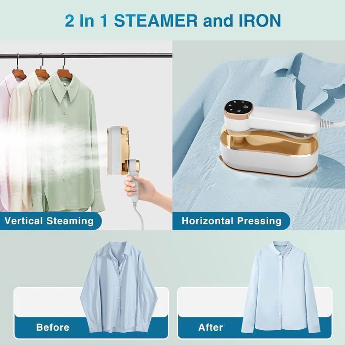 Vaporizador de ropa portátil con pantalla LCD, tiempo de calentamiento de 15 segundos, 1200 W, mango giratorio de 180°, 3 niveles de vapor, para uso doméstico.