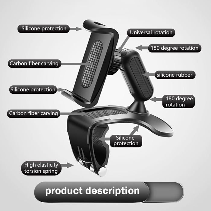 Suporte para celular veicular - ULISEM - Rotação 360° - Silicone - Preto
