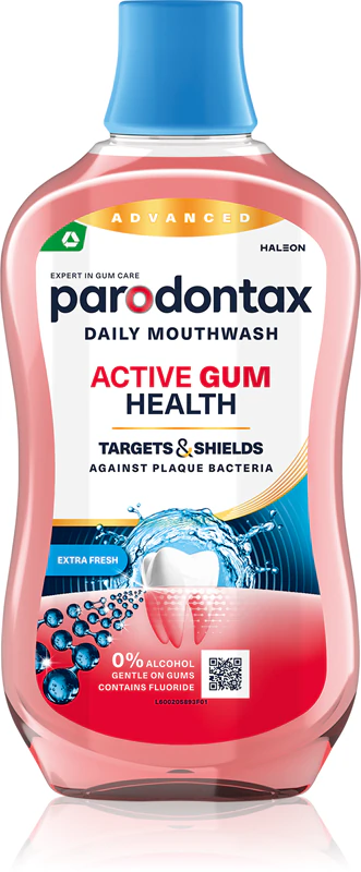 Enxaguante bucal Parodontax Daily Gum Care Extra Fresh para dentes e gengivas saudáveis.