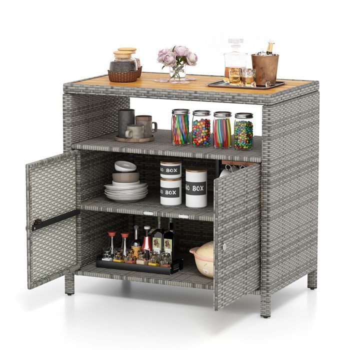 COSTWAY Coffre de Rangement en Rotin avec Plateau en Acacia, 2 Portes, Armoire de Jardin en Osier pour Piscine Terrasse Patio, Gris