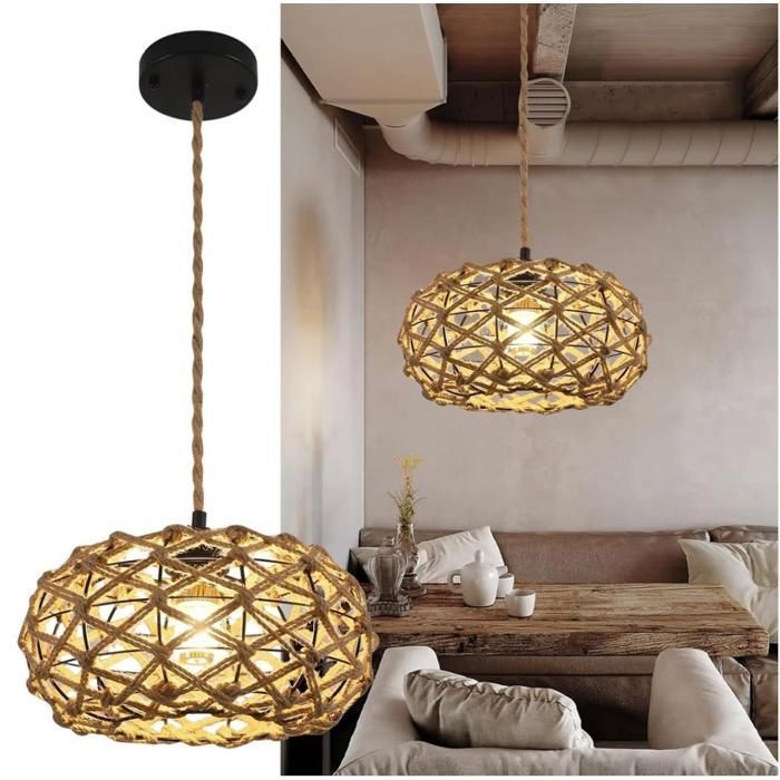 DORLINK Suspension en Corde de Chanvre – Lustre Rétro Vintage – Support E27 – Luminaire Décoratif pour Salle à Manger – San ampoule