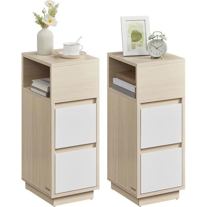 VASAGLE Narrow Bedside Table, Set of 2, 2 Drawers and Open Compartment, Left or Right Mounting, Beige and White