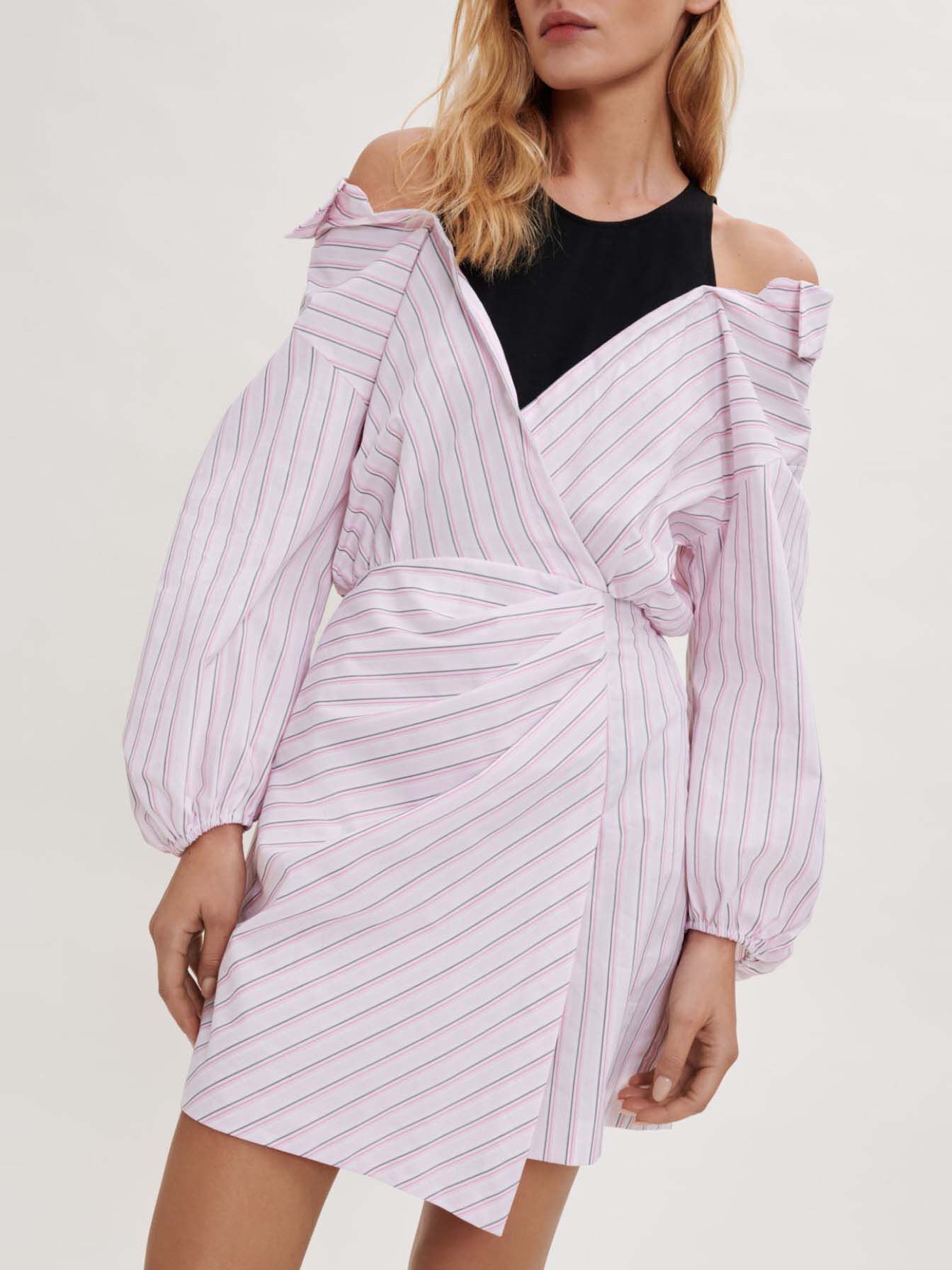 Gestreepte trompe l'oeil jurk - roze bonbon