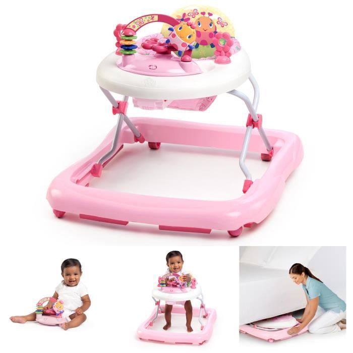 BRIGHT STARTS 2-in-1 Convertible and Foldable Baby Walker for Girls - Pink Garden - Baby Gift, Music, Adjustable Height