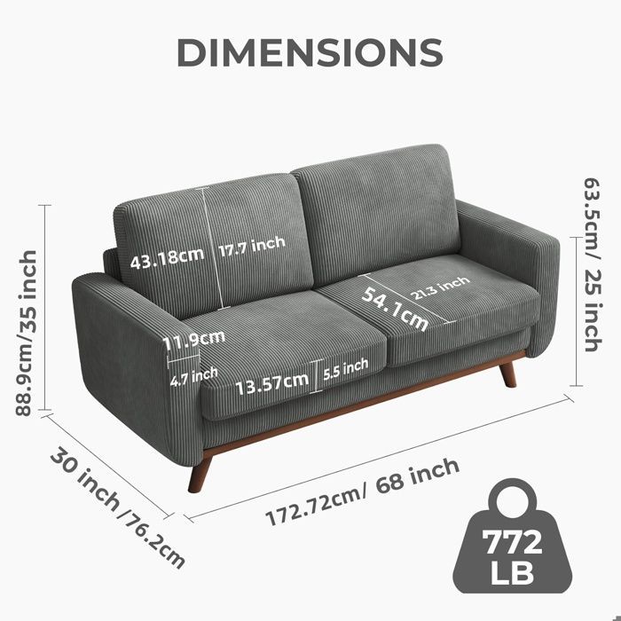 Sofá de pana de 2/3 plazas, patas de madera maciza, sofá moderno escandinavo gris para salón, oficina o dormitorio, 172x76x88cm