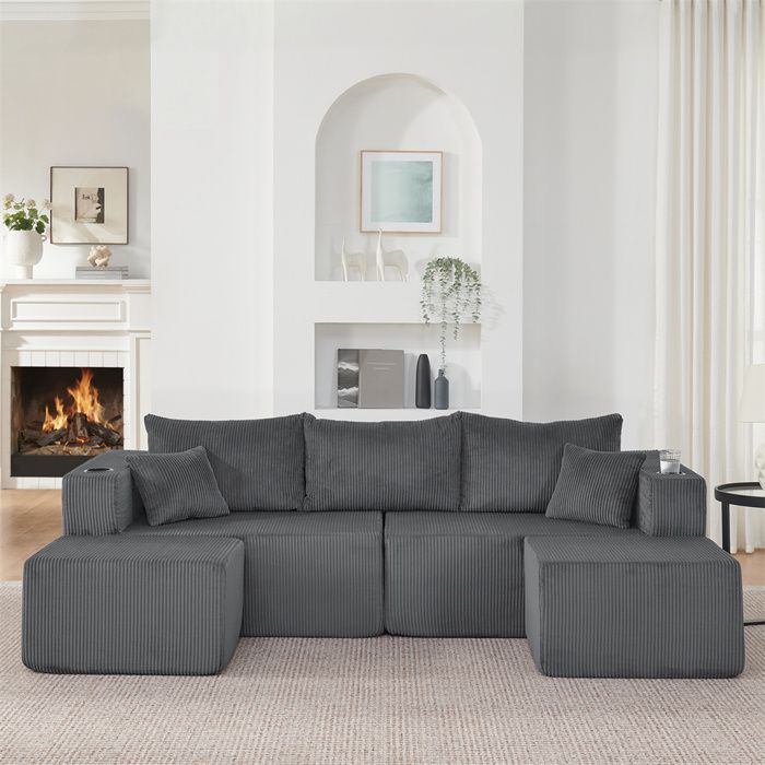 DRIPEX Canapé modulaire 3 places L230 cm,canapé compressé en forme de U avec poufs mobiles,en velours côtelé,porte-boissons,Gris