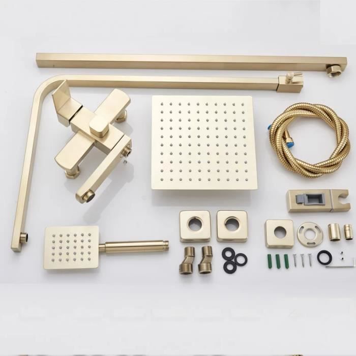 Columna de ducha JULLYBATHEVY - 3 funciones - Cabezal de ducha de 20x20 cm - Altura ajustable de 80 a 120 cm - Oro cepillado