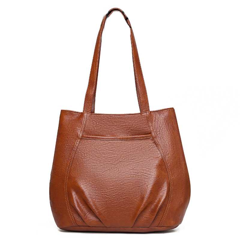 Sac cabas vintage pour femme, grand format, en coton, design simple, plissé, bandoulière marron, en cuir PU, grande capacité.