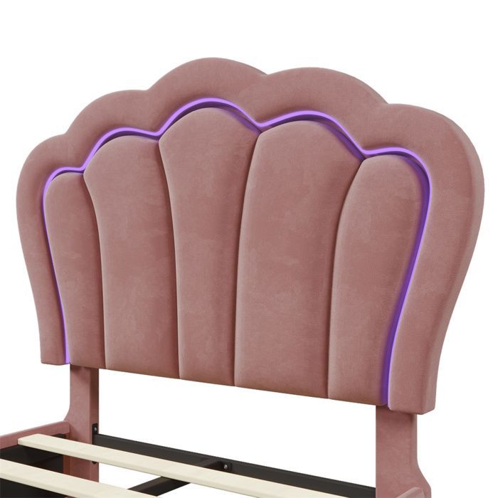 Cama infantil de 90x190 cm con cajón - Control por aplicación LED - Cabecero ajustable - Base de láminas - Terciopelo - Rosa
