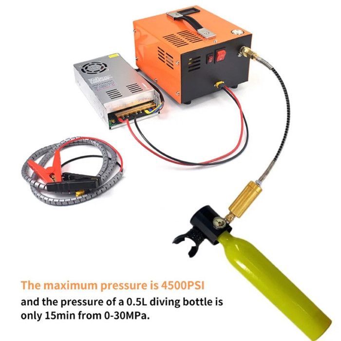 Portable PCP Compressor 4500 PSI / 30Mbar, Dual Power Supply 12V DC and 220V 300W 68L/min, Built-in Fan, Display