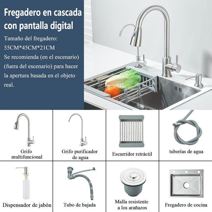 Lavello da cucina in acciaio inox, 1 vasca, vasca singola, vasca grande, dispenser di sapone, cestello scolapiatti (55 * 45 cm)