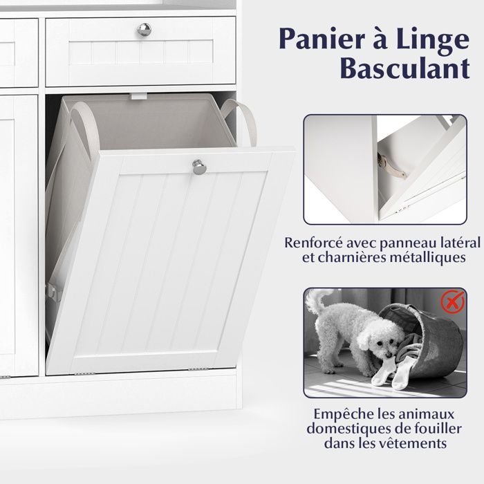 Armario de baño COSTWAY con cesta plegable, 2 cajones y 2 cestas de ropa extraíbles para baño o lavadero, color blanco.