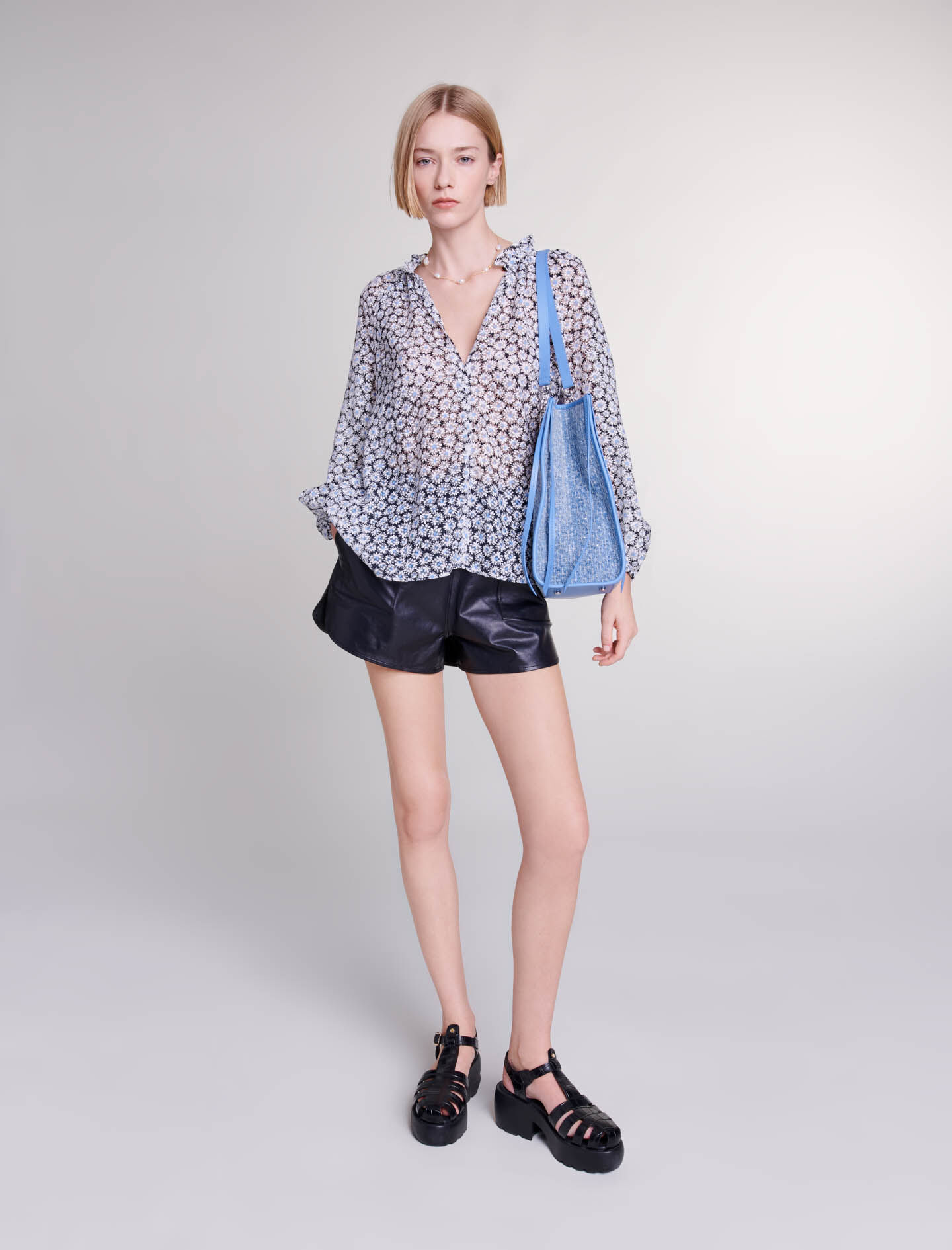 Blouse met bloemenprint-Imprimé marguerite bleu
