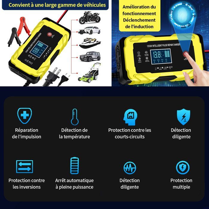 Cargador de batería inteligente de 12 V y 10 A, cargador de batería para coche con pantalla táctil LCD, protección múltiple para coche y motocicleta.