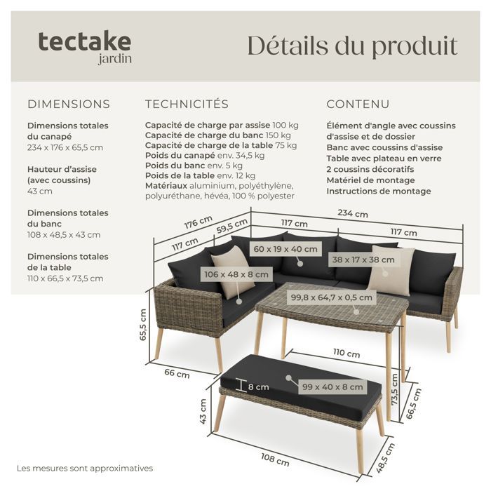 Salon de jardin - TECTAKE - Canapé lounge d'extérieur PULA avec cadre en aluminium et plaque en verre - Marron Naturel