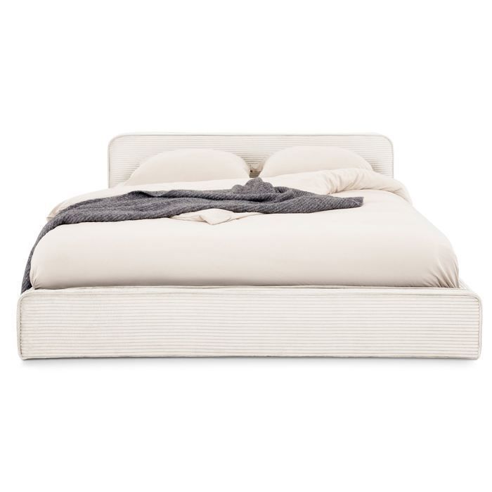 Cama doble CURSIO de 140x190 cm, tapizada en pana color crema, cama para 2 personas, estructura de madera con somier de láminas.