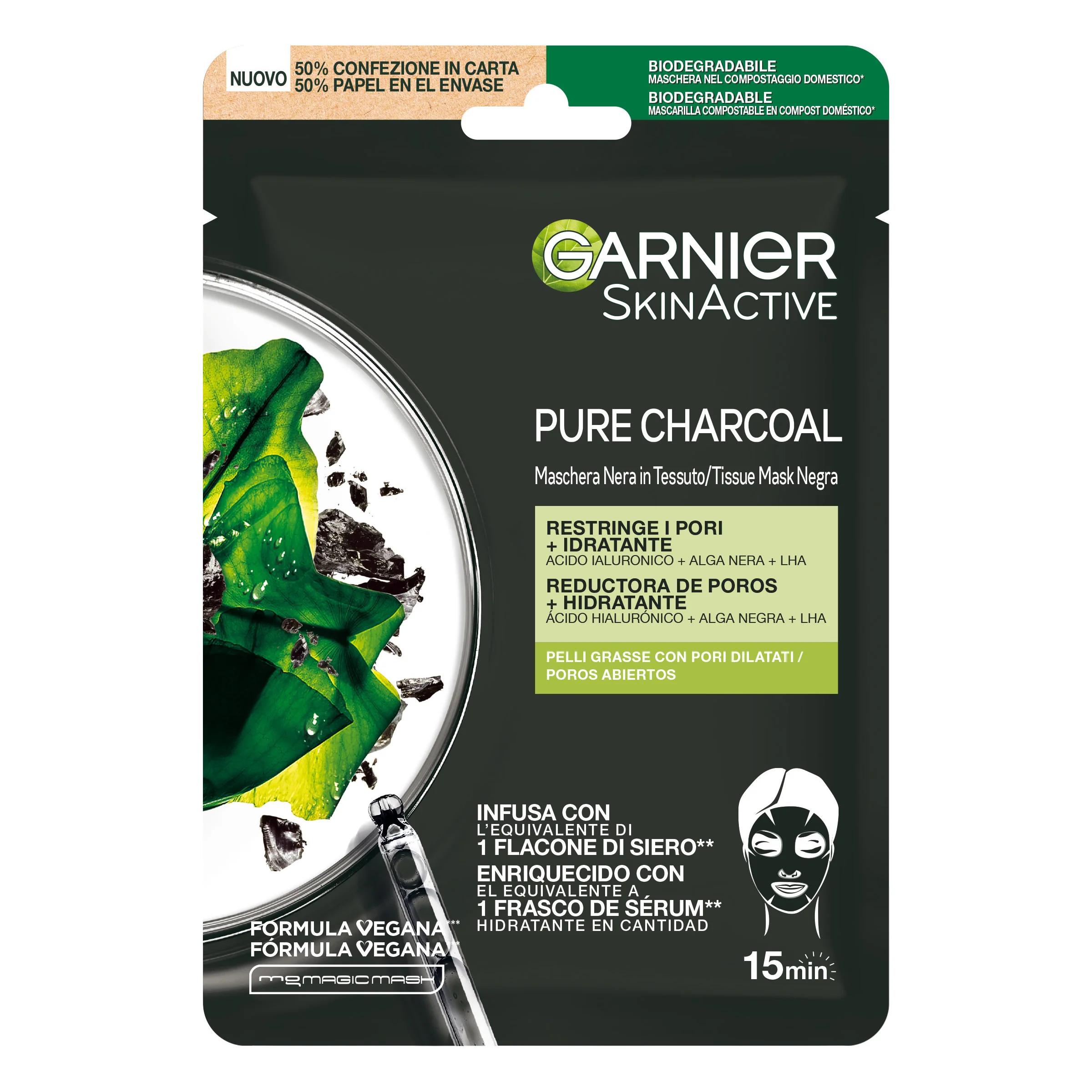 Skin Active Maschera in Tessuto Pure Charcoal - Maschera Purificante viso