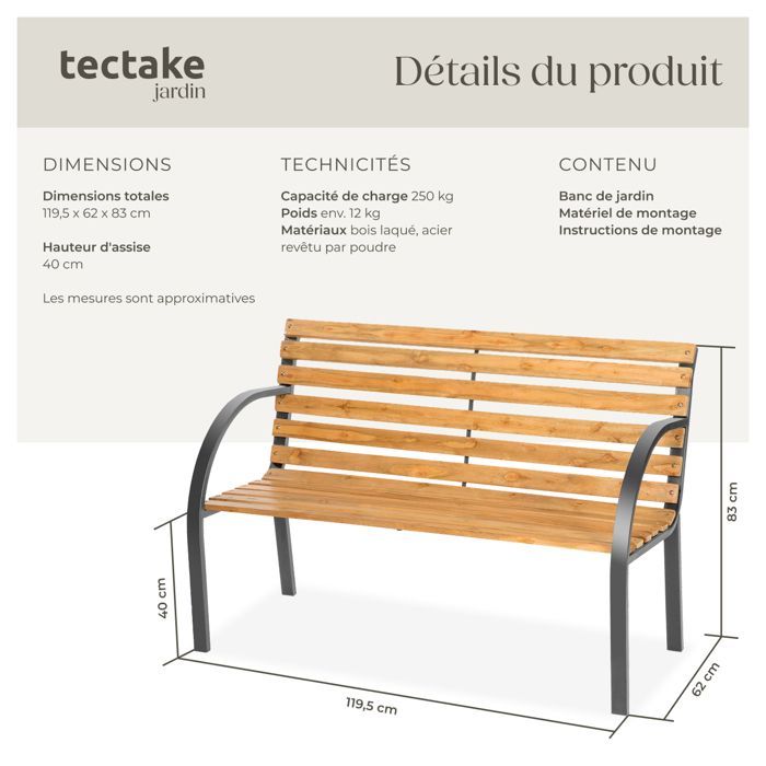Panchina - TECTAKE - MICHAELA Panchina da giardino a 2 posti, stabile, robusta, in pino cinese, legno e acciaio, 119,5x62x83cm - Marrone