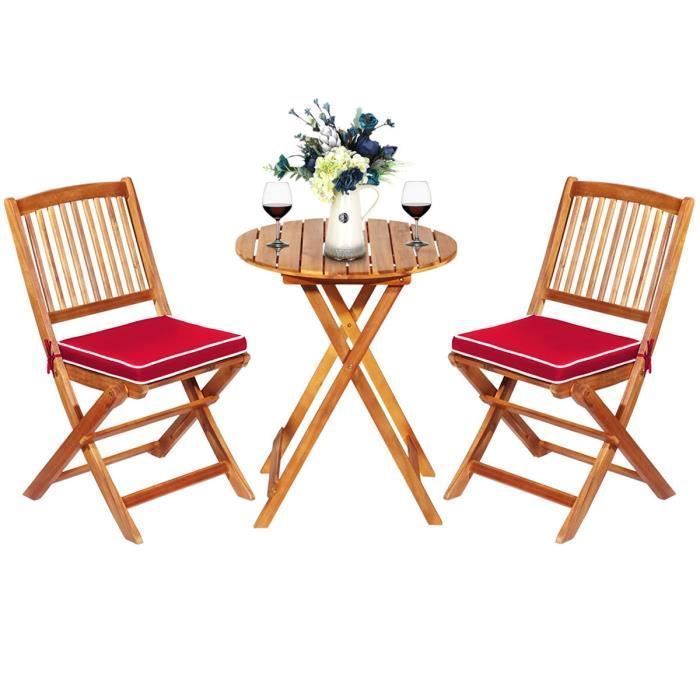 Conjunto de muebles de jardín plegables de madera de acacia de 3 piezas COSTWAY: 1 mesa, 2 sillas, 2 cojines rojos extraíbles - Sala de estar, patio, bistró