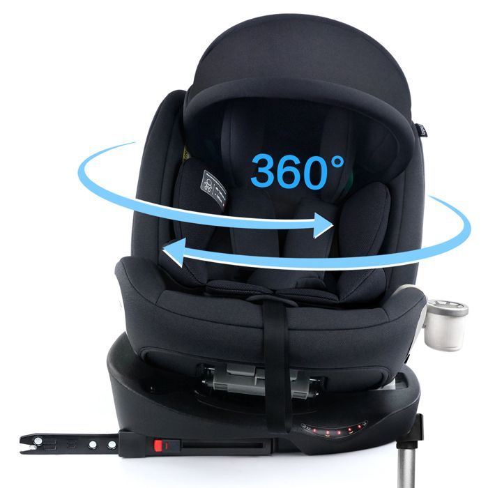 Silla de coche i-Size giratoria 360° - ISOFIX - 40-150 cm de 0 a 12 años (0-36 kg) - Capota y portavasos - Reposacabezas ajustable - Negra