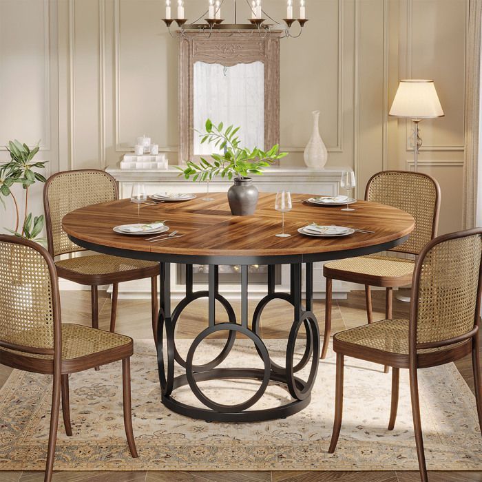 Table à Manger Ronde,Little Tree,120×120×75 cm,Table de Cuisine en Bois avec Base en Métal Robuste Pour 4 à 6 Personnes,Marron
