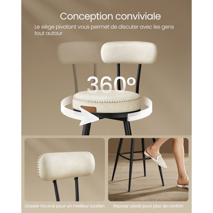 Swivel bar stool - VASAGLE - Set of 2 - 360° swivel - With backrest - Height 65 cm - Cream - PU - Stable