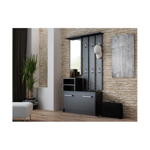 Hallway unit - VITTORIA - 6 hooks - Mirror - 2 niches - Shoe storage 180x85x24