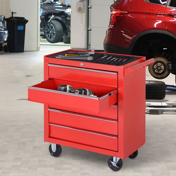 Carro de taller - DURHAND - carro de herramientas con ruedas, 5 cajones, resistente a los arañazos, con cerradura - acero - rojo