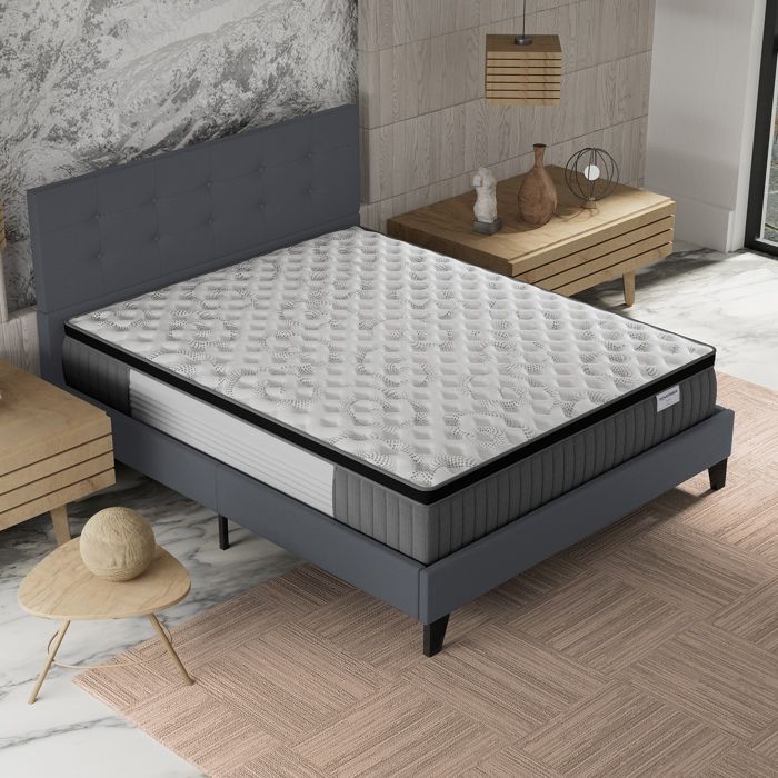 Colchón y cama (140x190cm) - Elekctra 30cm con muelles ensacados y espuma viscoelástica + base de láminas y cabecero tapizados en gris.