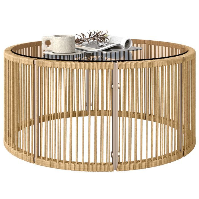 Table basse de jardin - table d'appoint - Outsunny - ronde, pour patio jardin salon - résine tressée, verre - 70x70x33cm - marron